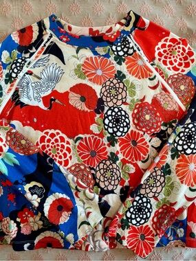 Carven Multicolor Floral Crane Print Pullover with Zipper Detail